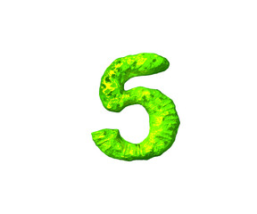 number 5 in monstrous style isolated on white background - lime jelly alphabet, 3D illustration of symbols