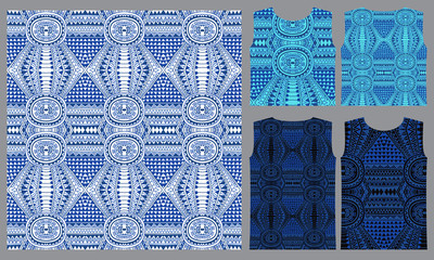 Vector seamless pattern from indigo blue and white geometrical shapes, rhombus, triangles, Maori ornaments, wavy stripes. Tee shirt print. Wrapping paper, wallpaper, Batik textile paint for tunic