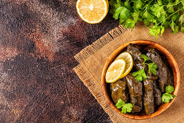 Dolma, stuffed grape leaves with rice and meat.