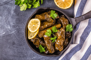 Dolma, stuffed grape leaves with rice and meat.