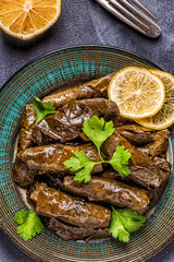 Dolma, stuffed grape leaves with rice and meat.