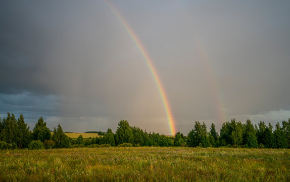 rain and rainbow over fields and tree planting © Игорь Кляхин