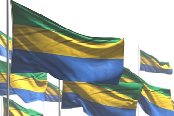 wonderful holiday flag 3d illustration. - many Gabon flags are waving isolated on white - illustration with selective focus