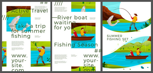 Vector typographic summer posters set - river fishing activities. Forests, trees and hills on background. Print template with place for your text.