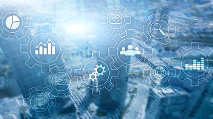 Business process abstract diagram with gears and icons. Workflow and automation technology concept