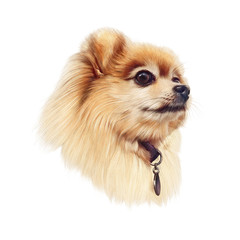 Pomeranian Spitz dog isolated on white background. Illustration of a handsome puppy. Cute Spitz. Small Lap Dog Breeds. Hand drawn Portrait. Animal art collection: Dogs. Design template