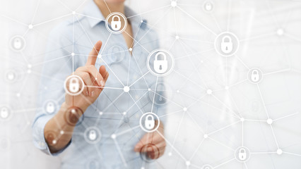 Cyber security, information privacy, data protection concept on modern server room background....