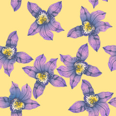 Vector seamless pattern wonderful colorful orchid hand-drawn in graphic and real-style at the same time. Delicate colors: pink, purple, yellow, beige. Looks vintage, beautiful, decoration for holidays