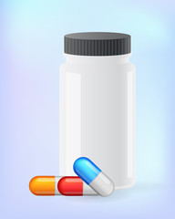 Medical Painkillers, antibiotics, vitamins, amino acids, minerals.bottle. Icons of medicament. Medical illustration on blue background.