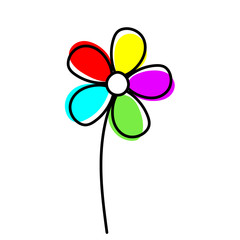 Rainbow colored flower vector on a white background. Simple childlike design.