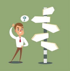 Businessman standing at cross road confused by direction signs. Choices and decision concept. Stock flat vector illustration.