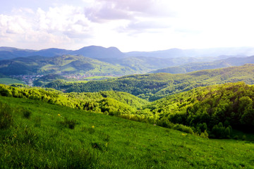 View of the green hills of the mountains in Slovakia on the border with Poland.