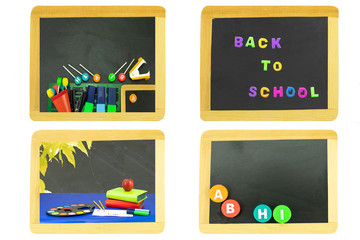 Back to school concept. Collage set of four school blackboards with school supplies, colorful  letters, pencils, books and other school equipment isolated on a white background.