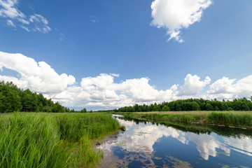 The blue sky with the clouds above the clear blue river.
