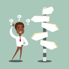 black african american businessman standing at cross road confused by direction signs. Choices and decision concept. Stock flat vector illustration.