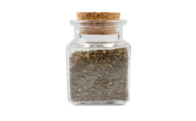 mint leaves in glass  jar on isolated on white background. front view. spices and food ingredients.
