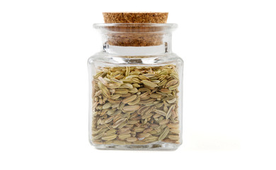 fennel seeds in glass  jar on isolated on white background. front view. spices and food ingredients.