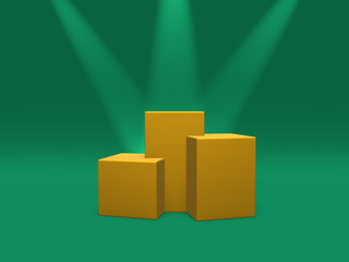 Podium, pedestal or platform gold color illuminated by spotlights on green background. Abstract illustration of simple geometric shapes. 3D rendering.