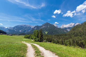 Fototapeta na wymiar Landschaft bei Hinterstoder mit Ausblick auf die Spitzmauer und den großen Priel, Österreich
