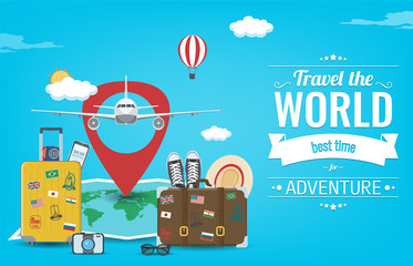 Travel background with luggage, airplane, world map and other equipment. Travel and Tourism concept. Vector