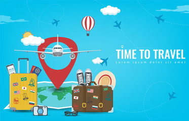 Travel background with luggage, airplane, world map and other equipment. Travel and Tourism concept. Vector