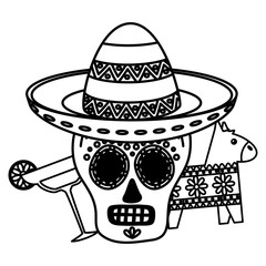 day of the dead skull mask and margarita cocktail with pinata