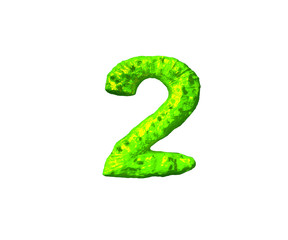 number 2 in alien style isolated on white background - lime alien flesh font, 3D illustration of symbols