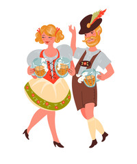 Man and woman in German traditional clothes of waiters with Oktoberfest beer mugs flat vector cartoon characters isolated on white background. Autumn beer festival banner concept.