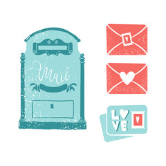 Blue mailbox. Envelope with wings and hearts, love postcard with letters. Valentine's day clip art. Mail delivery concept