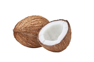 Full coconut and  cracked half on a white background isolated, close up