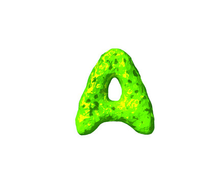letter A in cosmic style isolated on white background - green slime alphabet, 3D illustration of symbols