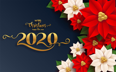 Fototapeta na wymiar Merry christmas greetings and Happy new year 2020 templates with beautiful winter and snowfall patterned paper cut art and craft style on paper color background.