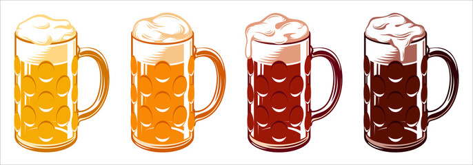 Set of types of beer for Oktoberfest in dimpled glass mugs. Light, pilsner, wheat, white, lager, ale, cold, red, marzen, pale, bock, brown, porter, dark, stout. Vector hand drawn illustration