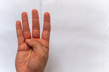 A hand shows different signs on white background