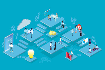 Isometric vector of virtual office with businesspeople, corporate employees working together on a new startup using mobile devices. Business management, education, online communication network