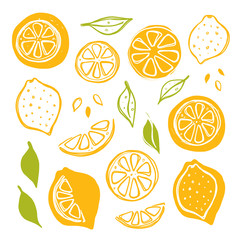 Lemon set. Whole, half, sliced, bitten fruits. Ink hand drawn vector illustration. Can be used for cafe, menu, shop, bar, restaurant, poster, sticker, logo, detox diet concept, farmers market