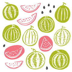 Watermelon set. Whole, half, sliced, bitten fruits. Ink hand drawn vector illustration. Can be used for cafe, menu, shop, bar, restaurant, poster, sticker, logo, detox diet concept, farmers market