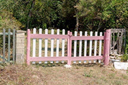 White and pink Gate wooden vintage in country ancient old