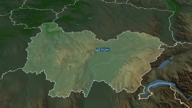 Bourgogne-Franche-Comt&eacute; - region of France with its capital zoomed on the physical map of the globe. Animation 3D