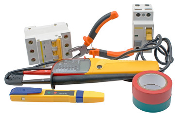 automatic circuit breakers, insulation tape, testers Isolated on