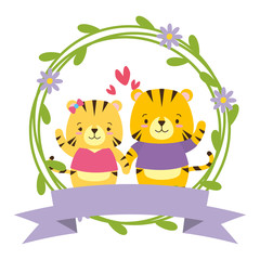 Obraz na płótnie Canvas cute couple tigers animals wreath flowers