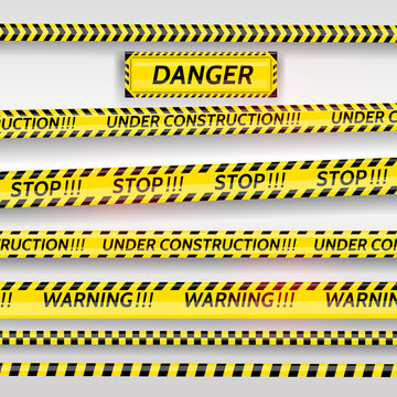 Black and yellow stripes set. Warning tapes. Danger signs. Caution ,Barricade tape, stop, under construction scene barrier tape. Vector flat style cartoon illustration