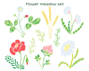 Vector flowers set. Naive childish illustration with a flower glade.