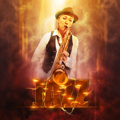 Obraz na płótnie Canvas Jazz party poster. Woman playing on saxophone