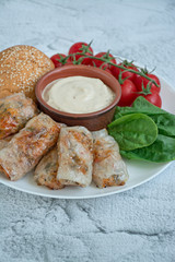 Spring roll with meat and vegetables served on a white dish with sauce. Light background under the concrete.
