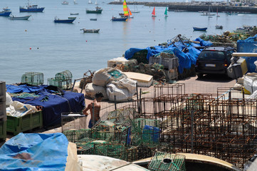Fishing gear on Cascais Marina. Fish market. Cascais, Portugal