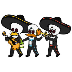 skeletons musician with guitar maraca and tequila viva mexico