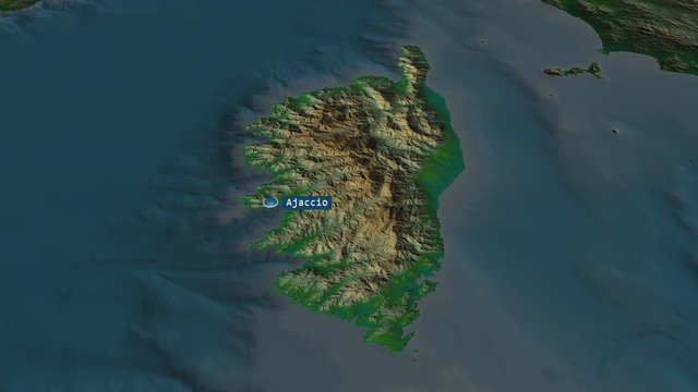 Corse - region of France with its capital zoomed on the physical map of the globe. Animation 3D