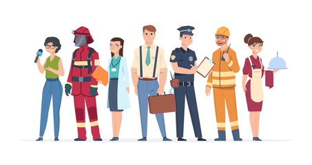 Characters professions. Factory workers business people engineer and doctor community concept. Vector different role man engineering career professionals - obrazy, fototapety, plakaty