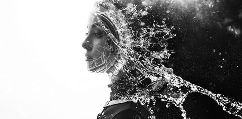 Double exposure of female face, clock, water and galaxy. Abstract black and white woman portrait....